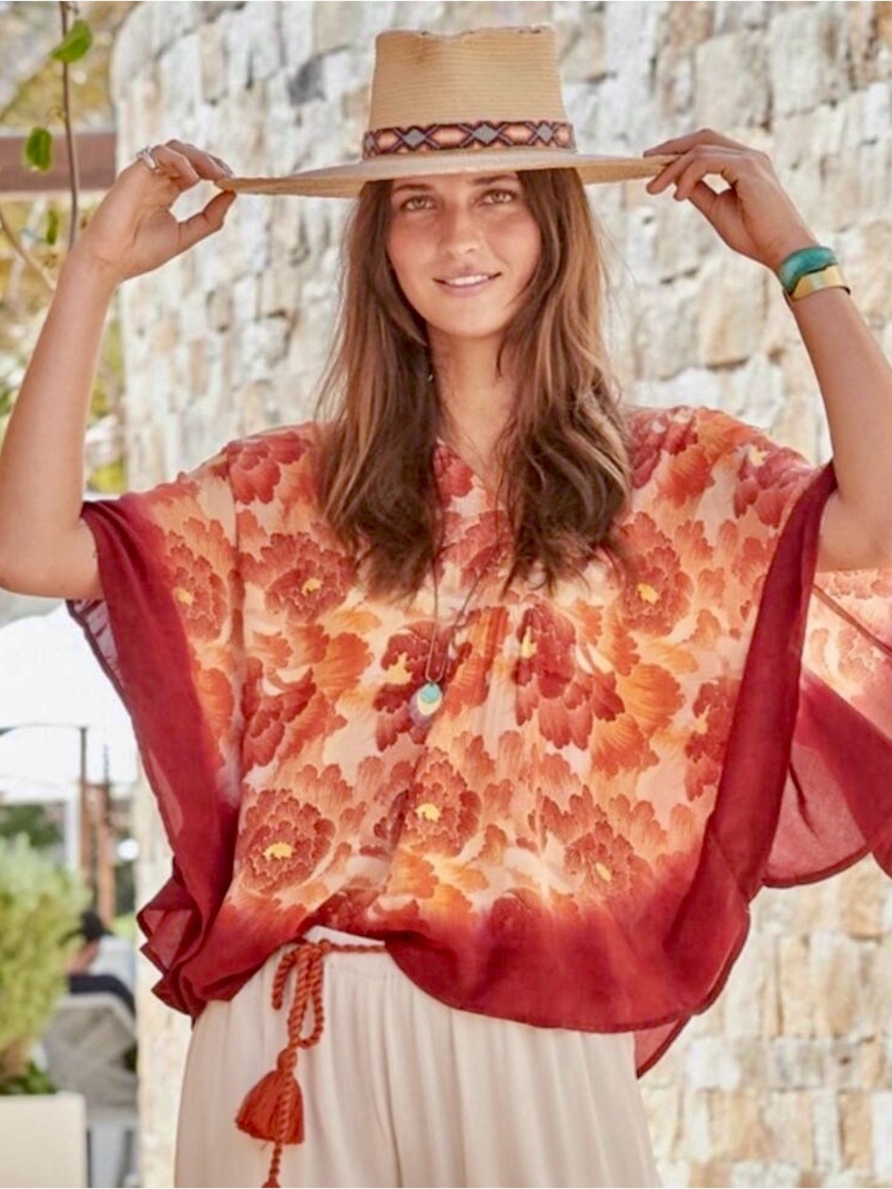 Sundance Orange and Red Floral V-Neck Blouse